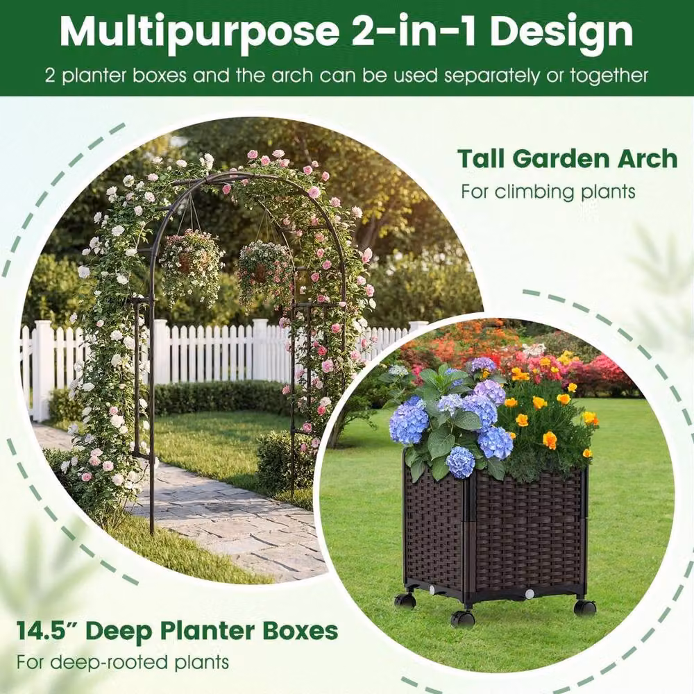 VOGREX Black Metal Garden Arch Trellis with 2 Planter Boxes, Height: 200 cm – 5