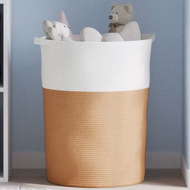 Berkfield Open Weave Cotton Storage Basket in Brown and White, W: 49 cm, H: 65 cm – 1
