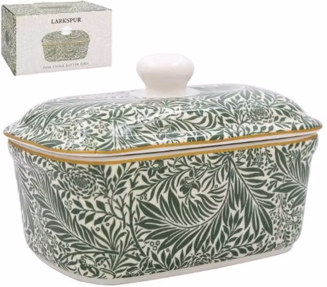 KDMD Larkspur Green Ceramic and Bone China Floral Butter Dish