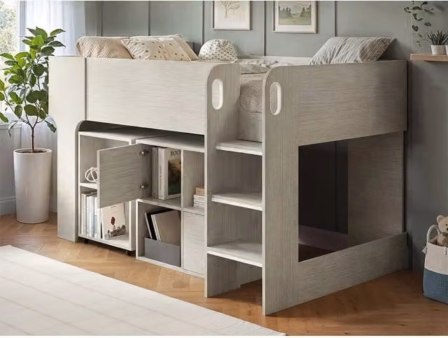 Flair Leo Mid Sleeper Bed with Desk, Storage Drawers and Stairs in Scandi Oak – 1