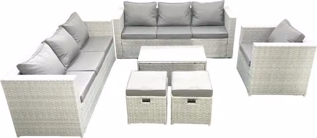 Fimous Wicker PE Rattan Garden Furniture Set in Light Grey with Armchair, Oblong Coffee Table and 2 Small Footstools
