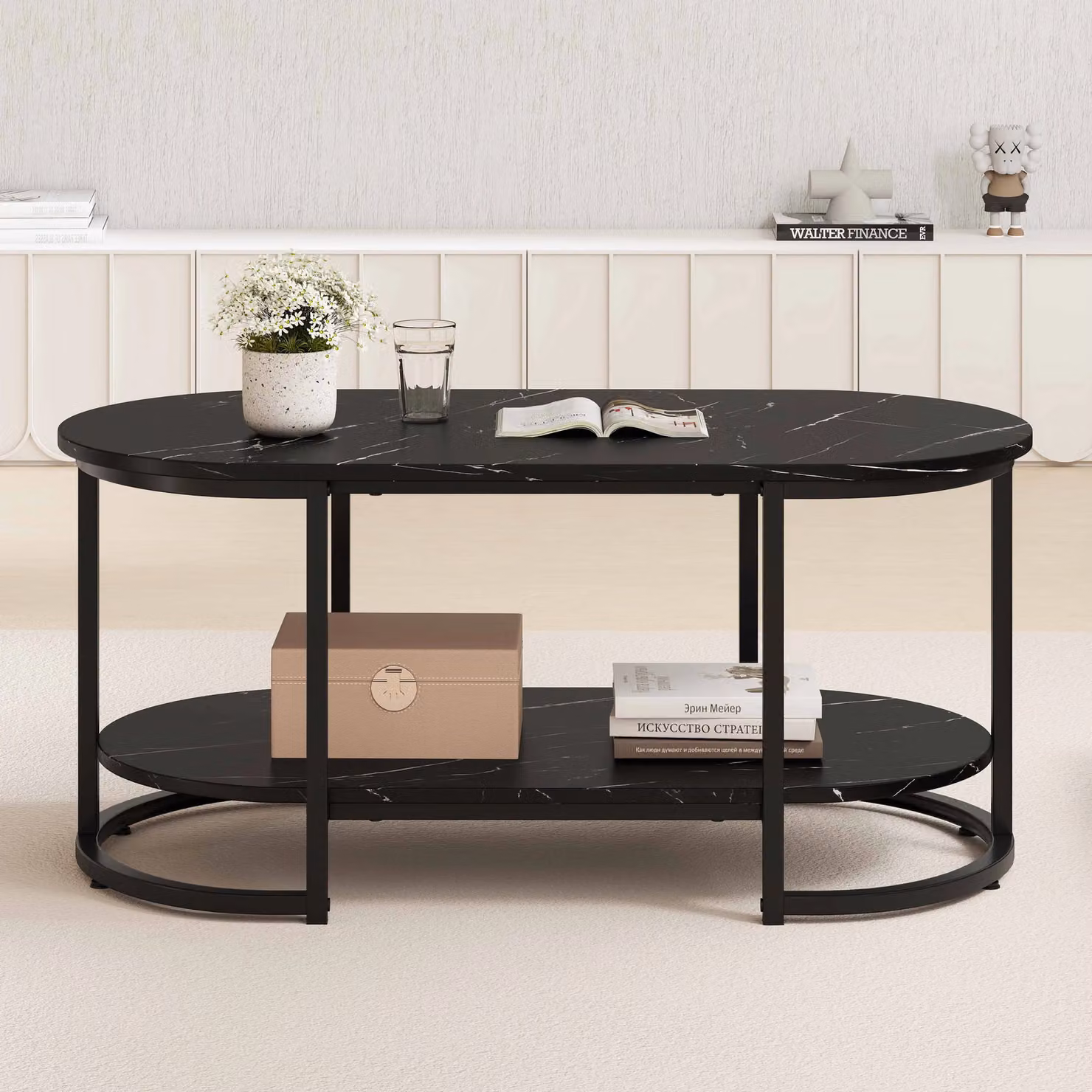 Gymax Modern 2-Tier Marble Coffee Table with Geometric Oval Shelf in Black – 5