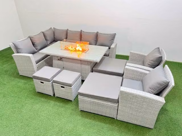 Fimous Outdoor Garden Dining Set with Gas Fire Pit Table and Tempered Glass Footstools in Light Grey