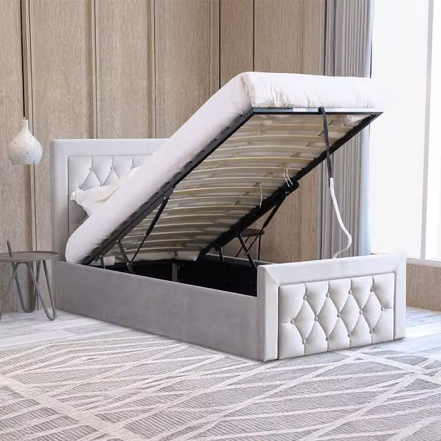 Mia Single Ottoman Bed in Grey Brushed Velvet with Under Mattress Storage Space, W: 90 cm, L: 200 cm