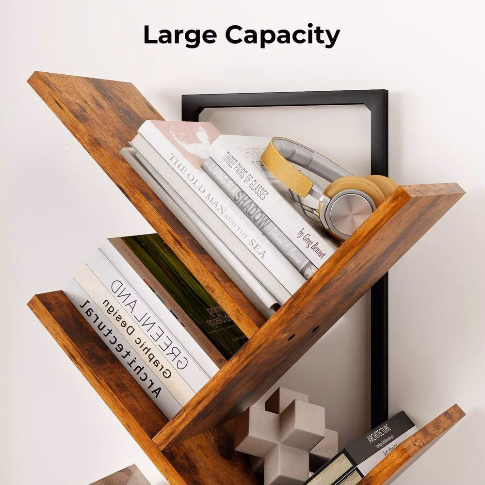 Levede 9-Tier Tree Bookshelf, Rustic Brown and Black Floor Standing Bookcase for Living Room, Bedroom or Home Office, H 116 x W 34 x D 20 cm – 2