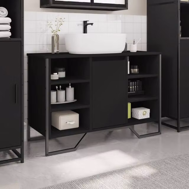 Berkfield Home Modern Black Freestanding Bathroom Sink Cabinet with Hinged Doors and Internal Shelves, W/D/H: 91 x 35 x 60 cm