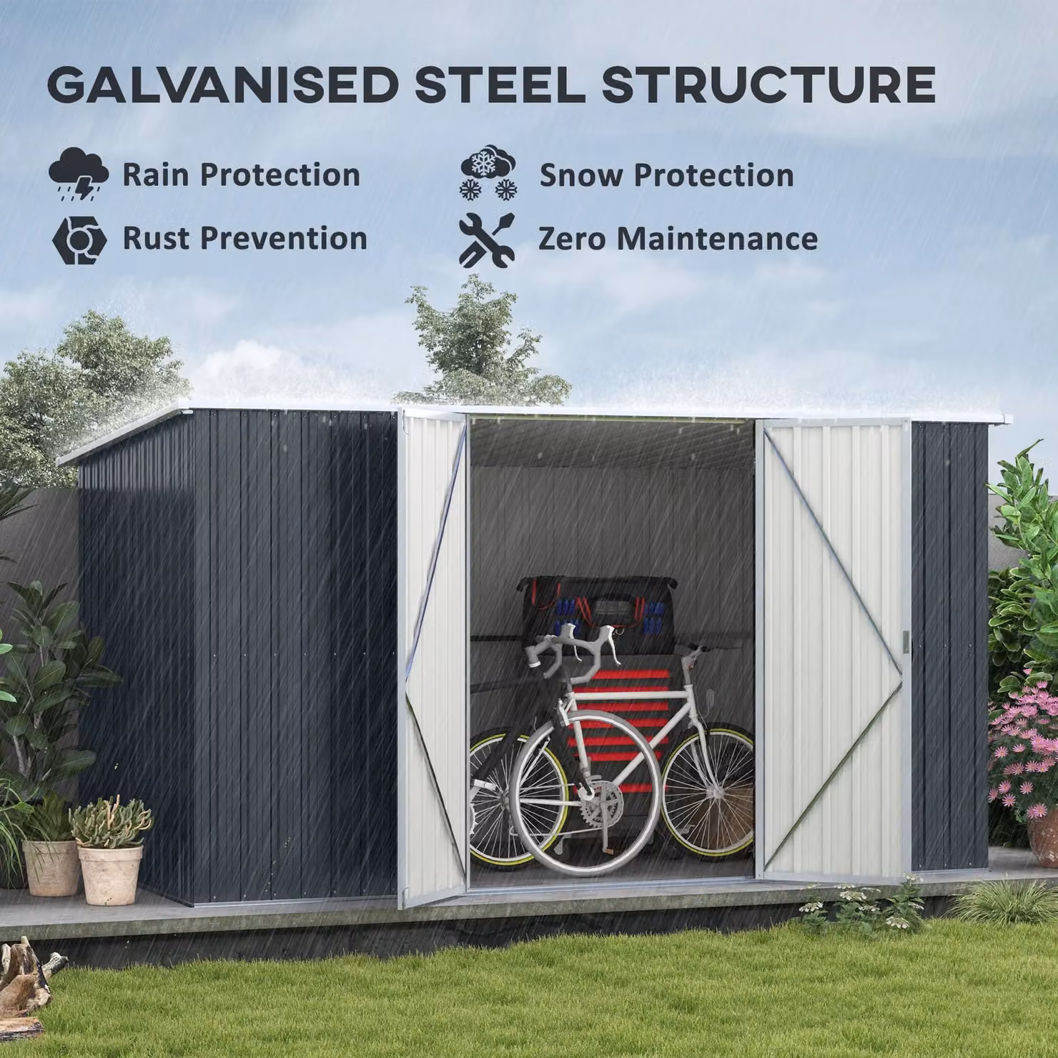 OUTSUNNY Grey Galvanised Metal Pent Garden Shed with Lockable Doors – 4