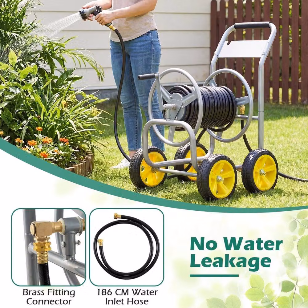 NESTLUNE Silver 4-Wheel Freestanding Garden Hose Reel Cart for 100 m Hoses – 6
