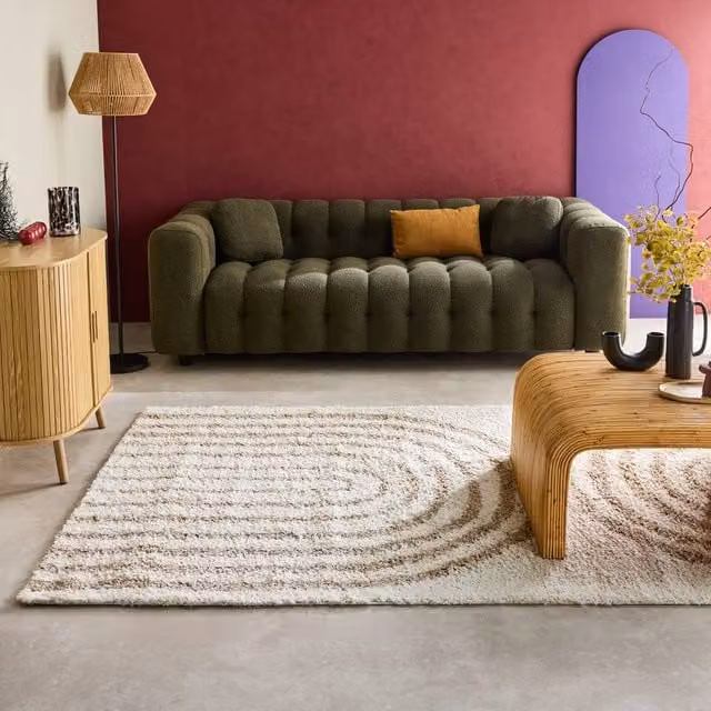 sweeek Shaggy Indoor Rug with Rainbow Geometric Patterns in Beige and Multicolour, W: 200 cm, D: 280 cm