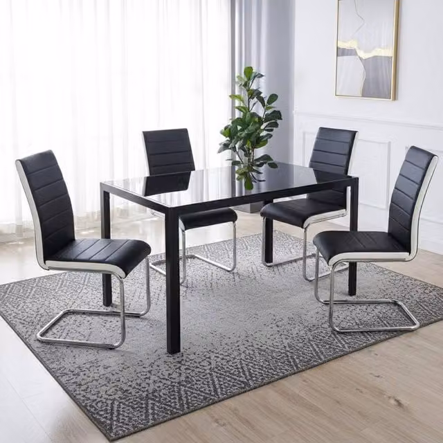 KOSY KOALA Black Glass Dining Table Set with 4 Black and White Striped Faux Leather Chairs, W/D/H: 120 x 70 x 75 cm – 1