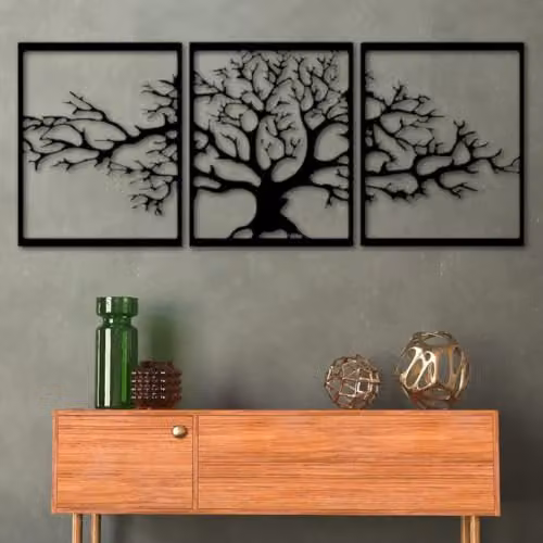 YOUR HOME RULEZ Tree of Life Black Metal Wall Art, 3 Piece Floral Botanical Decor Set, Width: 74 cm – 2