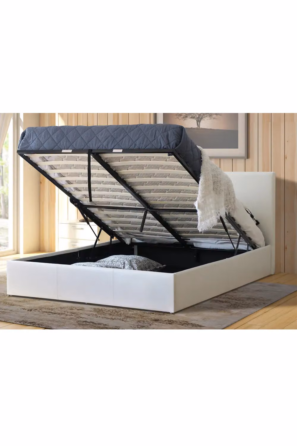 Modernique Single Leather Ottoman Storage Bed in White with Wooden Slatted Gas Lift-up Base W/D/H: 90 x 190 x 89 cm – 3