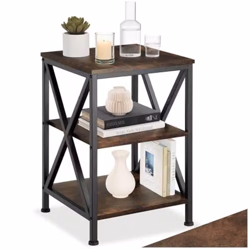 tectake 3-Tier Industrial Side Table with Height-Adjustable Steel Frame and Wood-Look MDF Shelves, Brown and Black, W/D/H: 40.5 x 40.5 x 60.5 cm – 1
