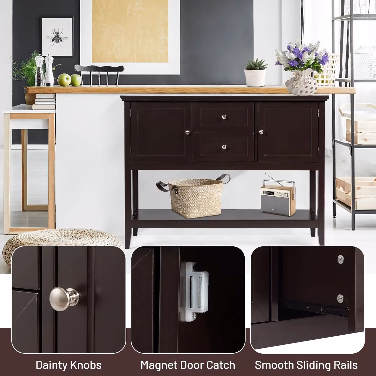 Costway Narrow Console Sofa Table with 2 Drawers and 2 Cabinets in Brown – 3