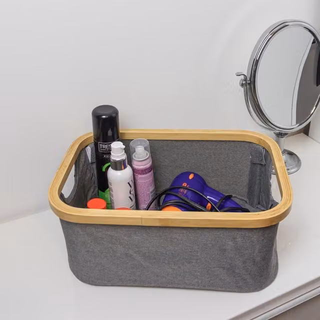 JVL Bambanio Foldable Bamboo Storage Basket with Handles, 26L, Grey