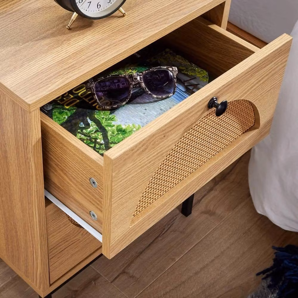 ERGOVEXA Bedside Cabinet with 2 Rattan Front Drawers in Brown – 2