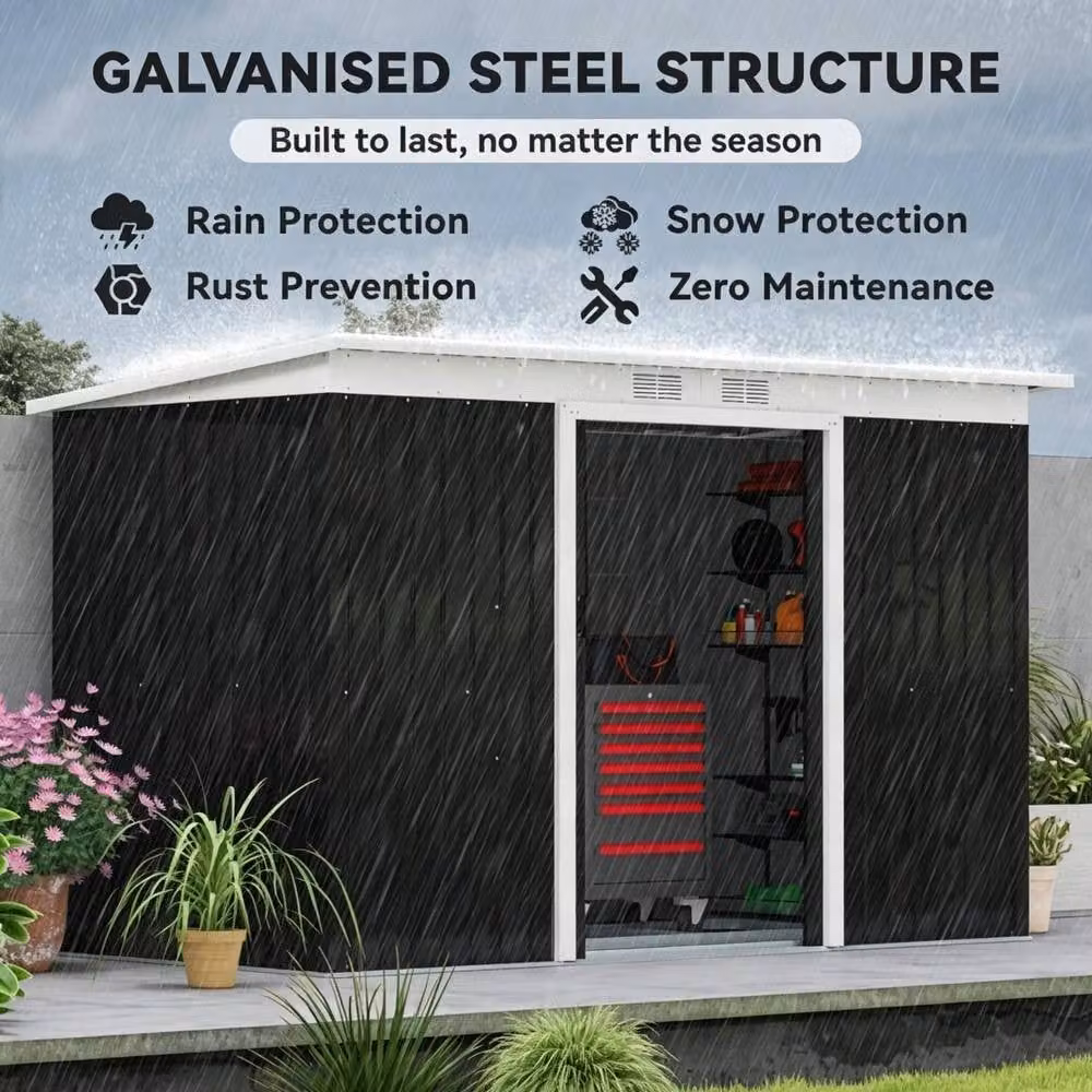 STILVORA Modern Galvanised Steel Garden Shed in Dark Grey with Double Sliding Doors and Side Vent, Width: 280 cm – 5