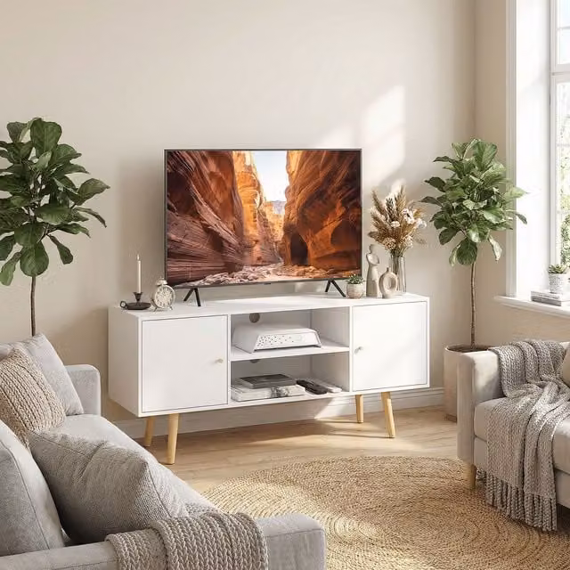 HOMCOM White TV Stand Cabinet with Wood Legs – 2