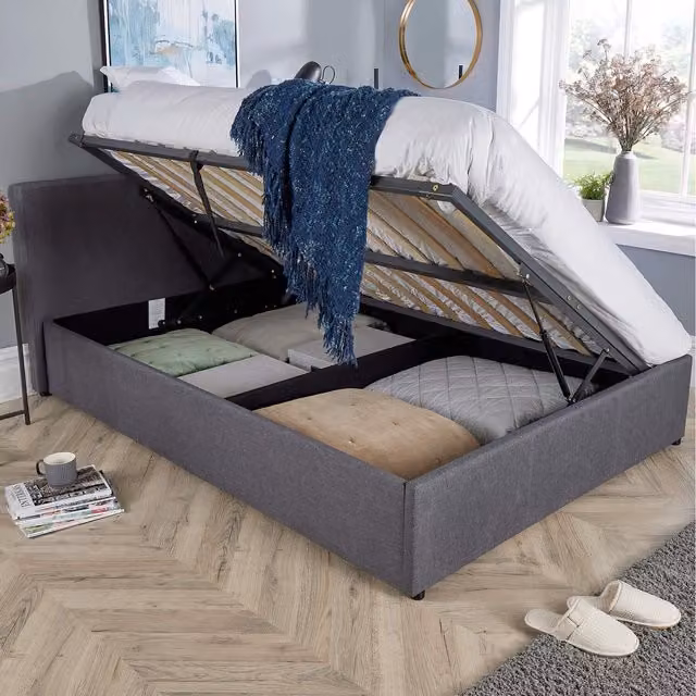 Home Source Horizon Side Lift Ottoman Bedframe in Grey Fabric, W/D/H: 180 x 200 cm