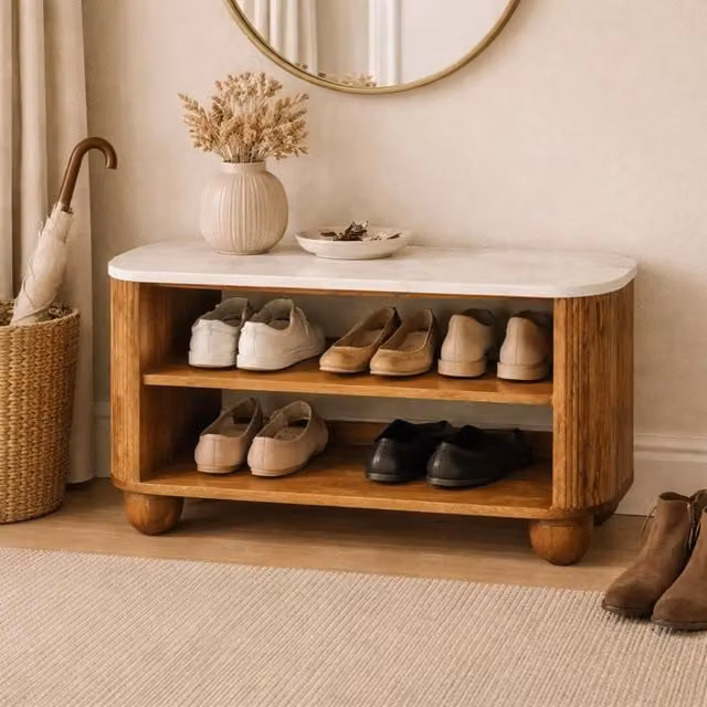Artisan Furniture Beaumont Mango Wood and Marble Shoe Rack in Brown and White