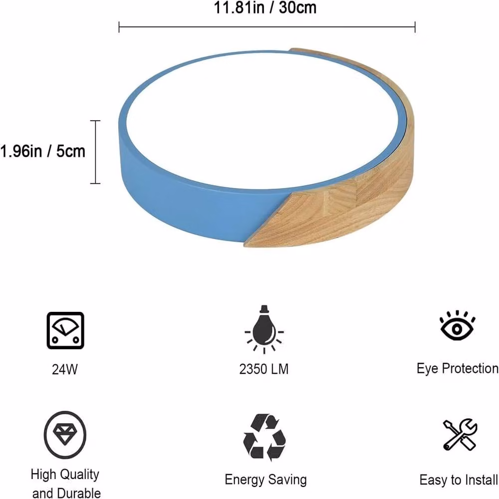 EONLION Modern Round LED Flush Ceiling Light, 24W, Cool White, Blue and Wood Finish – 2
