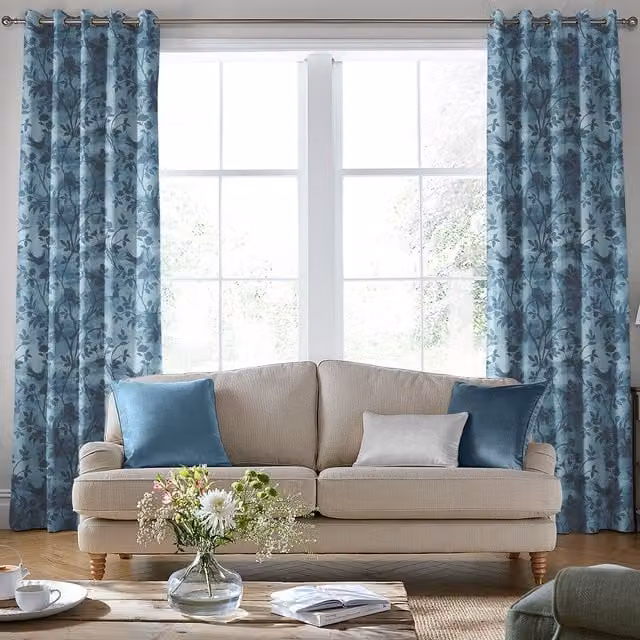 Laura Ashley Eglantine Silhouette Woven Made to Measure Eyelet Curtains in Seaspray Blue Floral Design