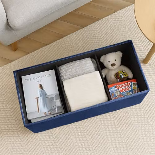 Harbour Housewares Foldable Storage Ottoman Bench in Blue Fabric, W/D/H: 111 x 39 x 36 cm – 2