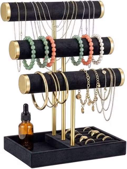 Kelvenix Black and Gold 3-Tier Jewelry Stand with Tray and Bracelet T-Bar
