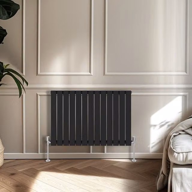 Right Radiators Single Panel Flat Panel Horizontal Radiator in Black, H: 60.0 cm, W: 88.4 cm, D: 6.0 cm