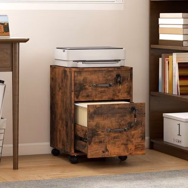 HOMCOM Roll File Cabinet with Drawer and Castors, Rustic Brown Organiser for Home or Office