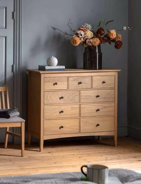 Gallery Direct Rye 6+3 Drawer Chest in Natural Oak and Rubberwood