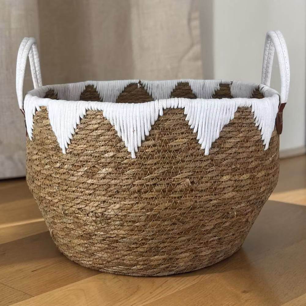 Four Candle Round Open Weave Seagrass and Rattan Storage Basket in Beige and Brown, Diameter: 42 cm – 2