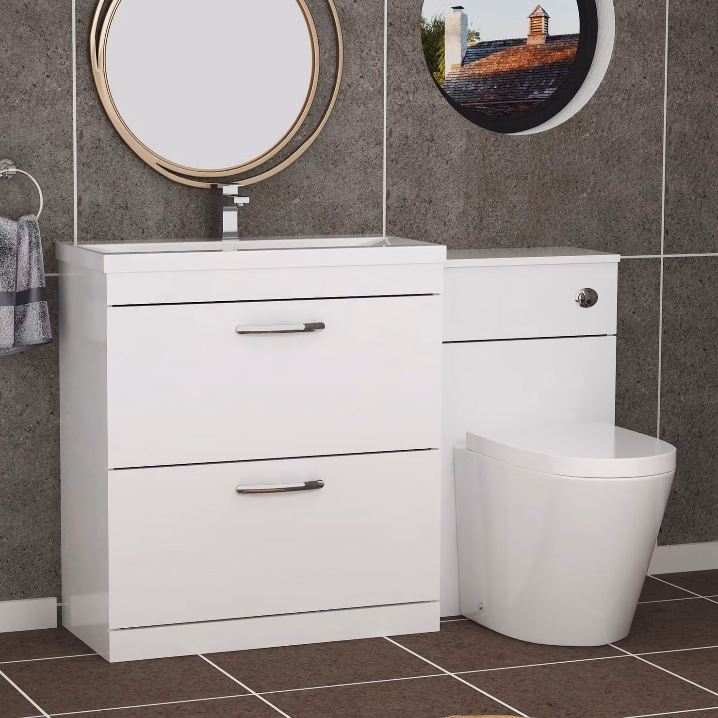 Royal Bathrooms Turin 1300mm Gloss White 2-Drawer Mid-Edge Basin and Cesar Back to Wall Toilet Pack