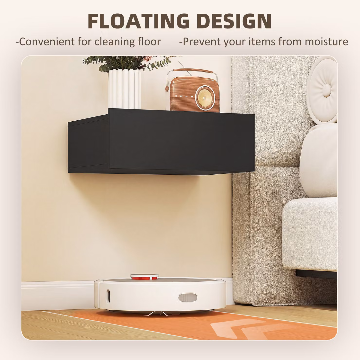 HOMCOM Set of 2 Black Wall-Mounted Floating Bedside Tables with Storage Drawer – 3