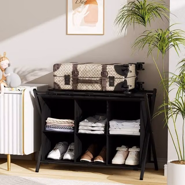 Huhote Foldable 2-Tier Metal Luggage Rack with Storage Shelf in Black