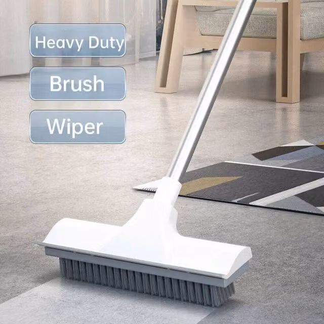 NESTLUNE 2 in 1 Floor Scrub Brush with Scraper and Telescopic Stainless Steel Handle, White, W: 15 cm, H: 122 cm