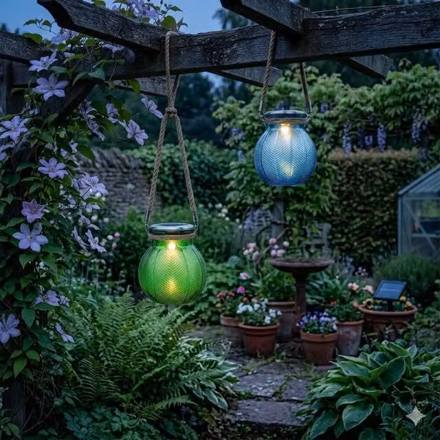Voltico 2 Pack Mini Solar Glass Lanterns in Blue and Green Outdoor Lights – 1
