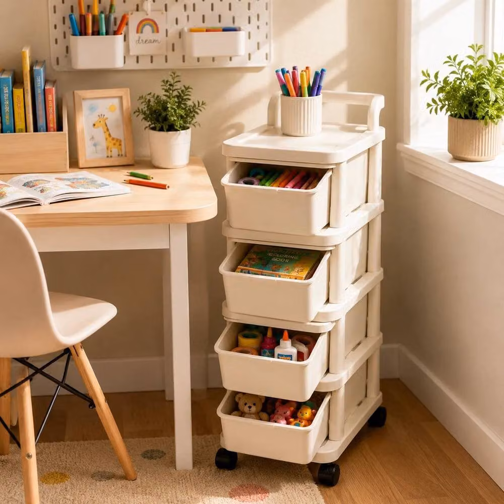 FORGEVIO 4-Tier Plastic Storage Trolley Drawer Cabinet on Wheels in Beige, W: 50 cm, D: 50 cm – 2