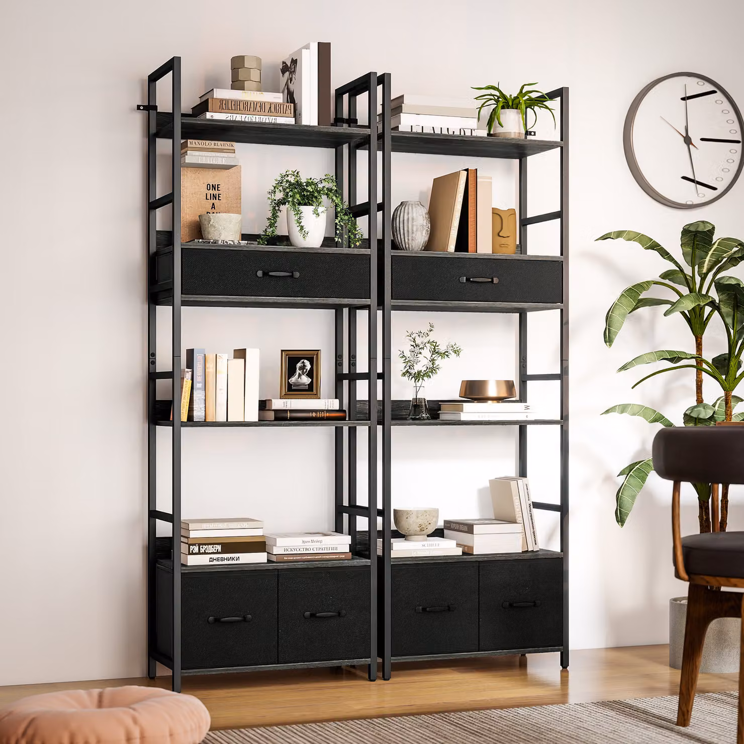 HOMCOM Industrial 6-Tier Tall Bookcase with 3 Fabric Drawers in Grey and Black – 8