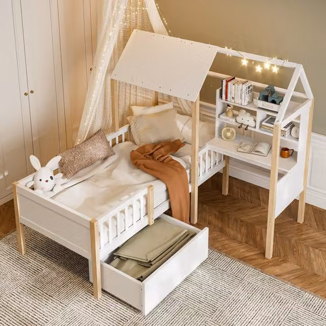Aosom UK Modern House-Shaped Kids Loft Bed Frame with L-Shaped Desk and Rolling Drawers, Solid Wood, White, W/D/H: 195 x 90 x 164.5 cm
