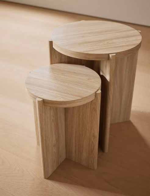 M&S Cove Nest of Side Tables in Natural Brown and Beige with Round Wood Tops