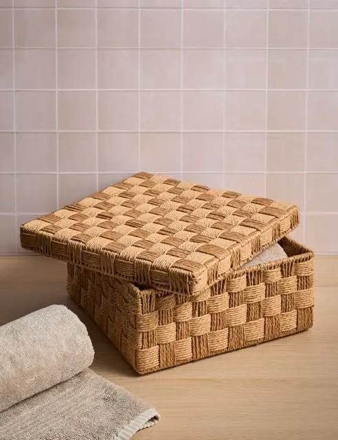 M&S Beige Open Weave Jute Storage Box with Lid