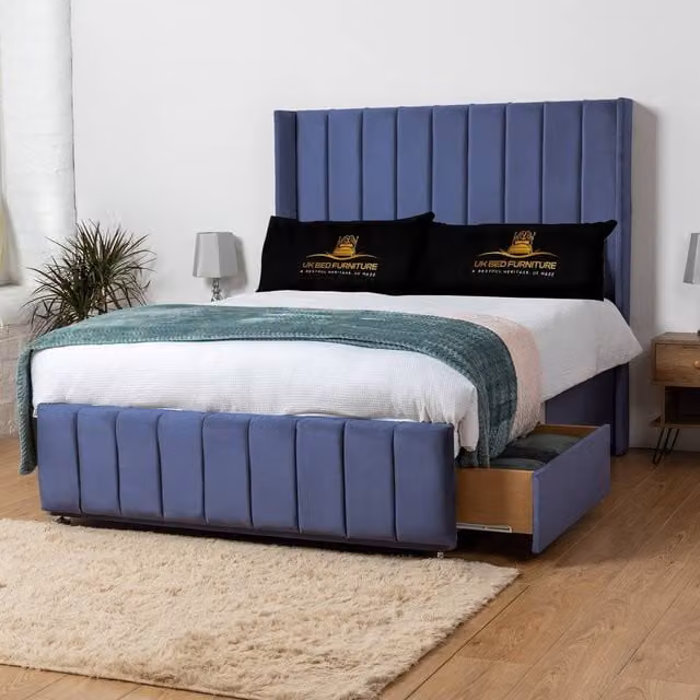 UK Bed Furniture Arizona Blue Wingback Divan Double Bed with 54 Inch Headboard and 2 Foot End Drawers, W/D/H: 140 x 200 cm – 1