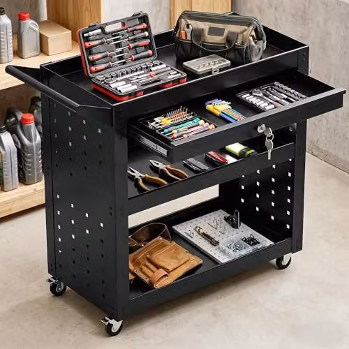 HOMCOM 3-Tier Steel Tool Cart with Pegboards, Drawer and Lockable Wheels, Black, W: 90.0 cm, D: 35.0 cm, H: 78.0 cm – 6