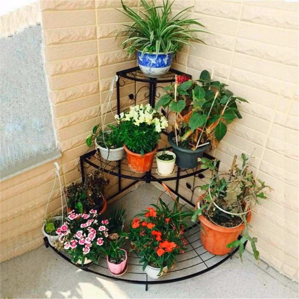 PAWNORA 3-Tier Quarter Round Metal Plant Stand in Matt Black, H 60.0 x W 58.4 x D 56.4 cm – 2