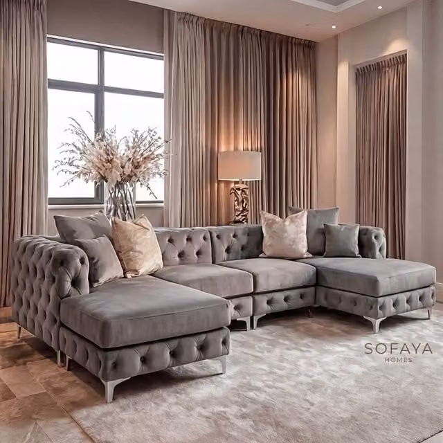 Sofaya Monaco 4 Seater Chesterfield U-Shaped Chaise Sofa in Grey Velvet