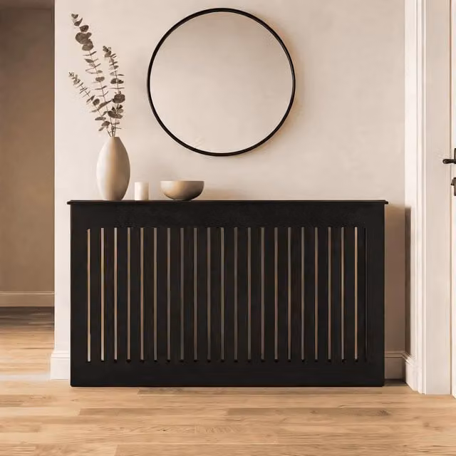 Home Source Modern Black Lacquered MDF Radiator Cover with Striped Design, Width: 150 cm