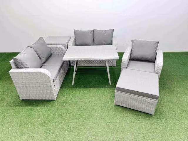 Fimous 6 Seater L-Shape Rattan Garden Furniture Set in Light Grey with Upholstered Cushions and Coffee Table