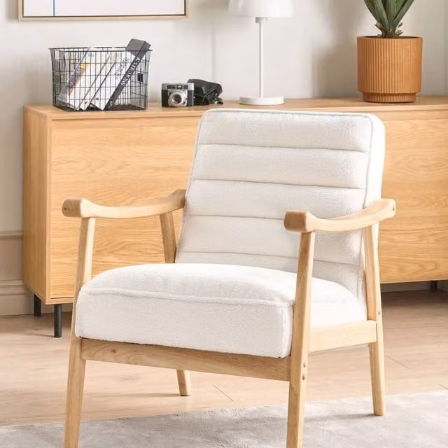 Wyld and Coco White Bouclé Retro Armchair with Rubberwood Armrests W: 62 cm, D: 74 cm, H: 79 cm – 1