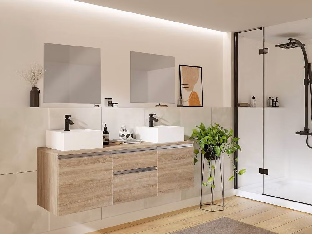 Vente-unique Modern Suspended Bathroom Vanity Unit with Double Basin and Mirrors in Light Oak, W/D/H: 150 x 50 x 46 cm – 2